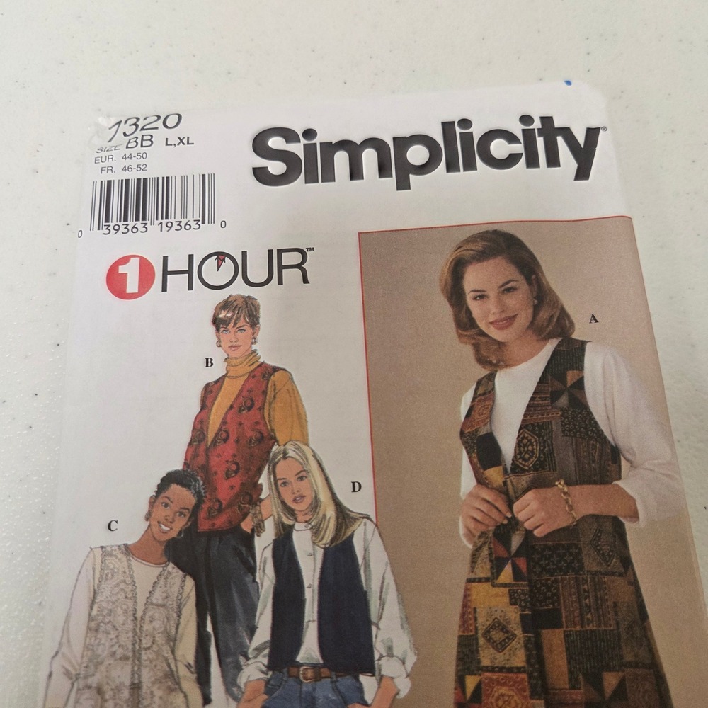 Simplicity 7320 Misses Lined Vests Sewing Pattern Size L XL BB 1996 Vintage 90s